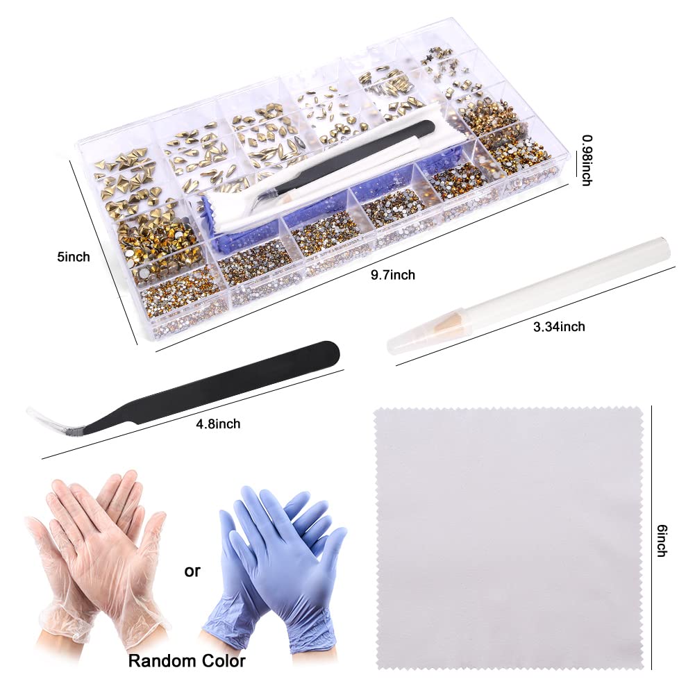 7800Pcs Glass Crystals Rhinestone for Nail Art Crafts,Multi Shapes Nail Gems Flatback Rhinestone,Jewels Diamonds Stone Kit with Picking Pen,1 Tweezers,1 Cleaning Cloth,1 Pair Gloves(Gold)