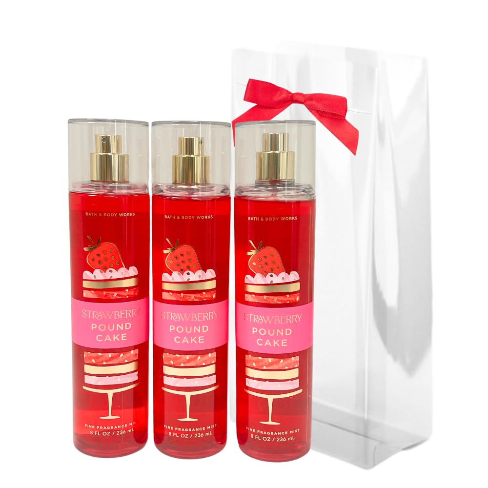 Bath & Body Works STRAWBERRY POUND CAKE Fine Fragrance Mist with a Red Bow for Holidays & Gifts 8 fl oz - 3 Pack