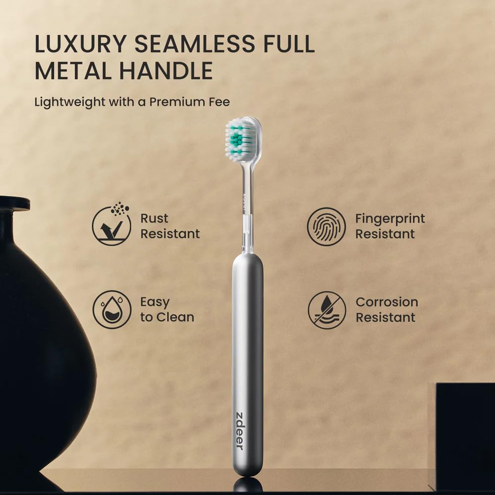 ZDEER Pro Manual Toothbrush for Adults with Sensitive Gums, Upgraded Full Metal Handle, Premium Durable Texture, 3 Multi-Function Replaceable Heads, Eco-Friendly Reusable Portable Travel Design