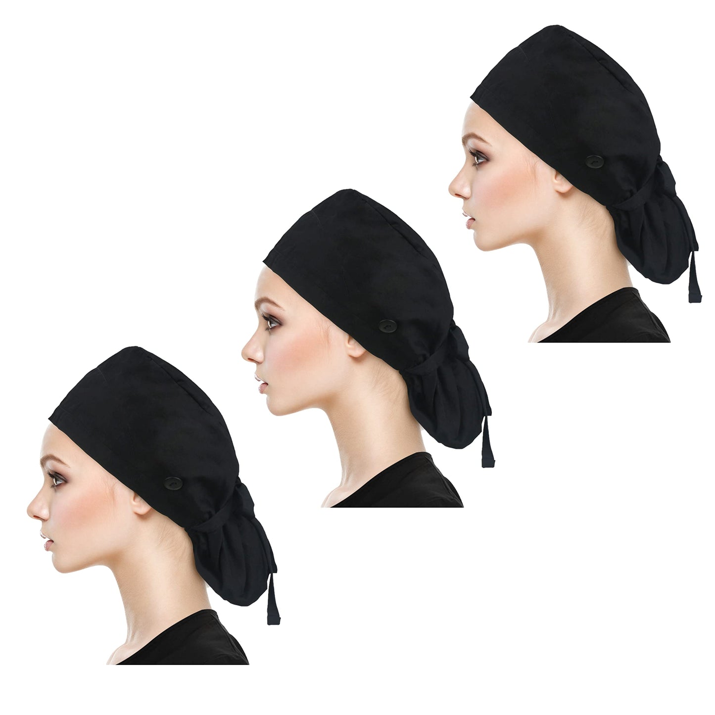 QBA Working Cap with Button Long Hair, Adjustable Working Hat Sweatband Cotton Ponytail Holder, Tie Back Hats for Women & Men, One Size, 3 Pack: Black * 3 PCS