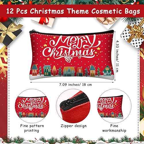 Paterr 24 Pcs 12 Sets Christmas Makeup Bags and 12 Pcs Christmas Keychains Set Snowman Canvas Gift Wallet for Women Holiday Portable Pouch Xmas Keychain for Party Xmas Gift
