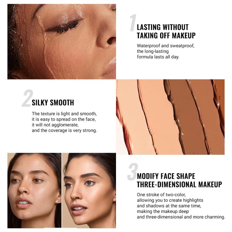 evpct 4 Colors Contour Stick Makeup Set, Cream Concealer Stick Contouring Palette Makeup Kit for Beginners, Nose Bronzer Sticks, Liquid Face Highlighter Make up contorno maquillaje, 01+03