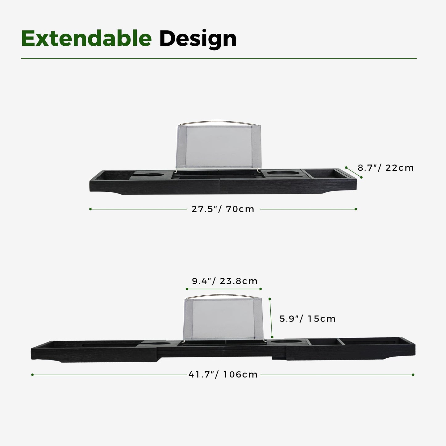 Utoplike Bamboo Bathtub Tray Caddy, Black Bath Tray Table for Tub, Adjustable Bathroom Organizer with Book Tablet Wine Glass Cup Towel Holder
