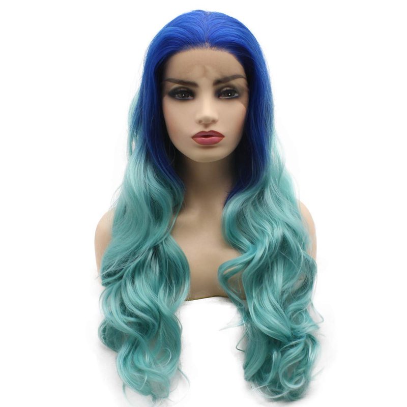 MX angel Long Wavy Blue Synthetic Lace Front Two Tone Ombre Wavy Heat Resistant Wig