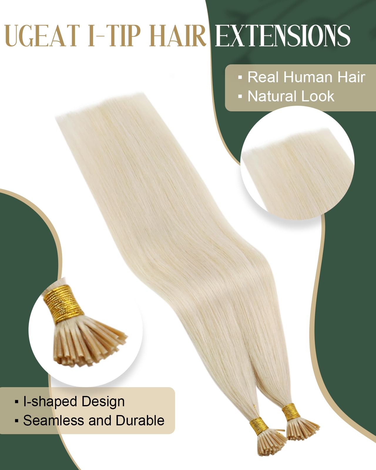 Ugeat I Tip Human Hair Extensions, Platinum Blonde, Remy Human Hair Extensions I Tip, Cold Fusion Pre Bonded Hair Extension for Women, 18 Inch 40G 50S