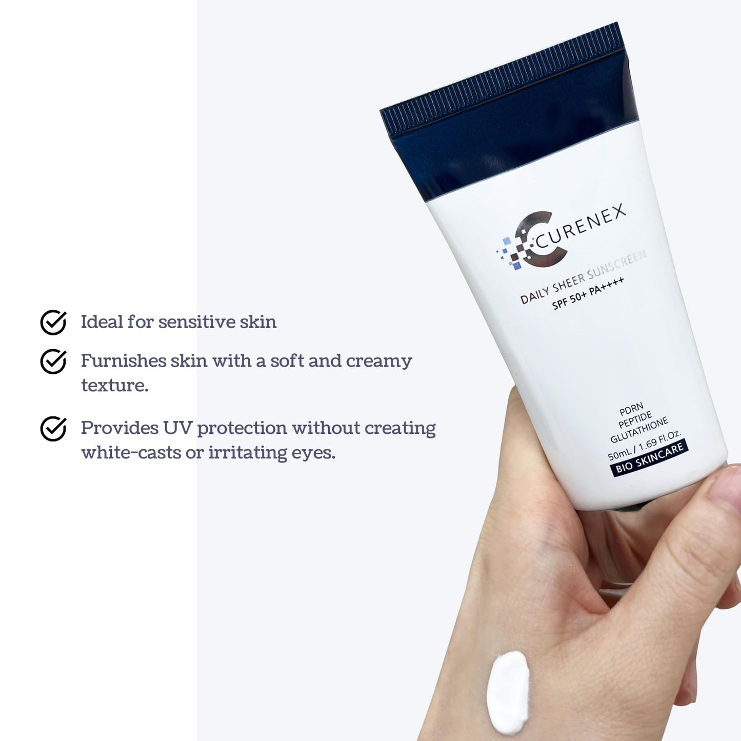 CURENEX Daily Sheer Sunscreen SPF50+ PA++++ provides comprehensive protection against UVA+UVB rays while revitalizing skin with PDRN and multi-peptide complex. (1.69 fl.oz.)
