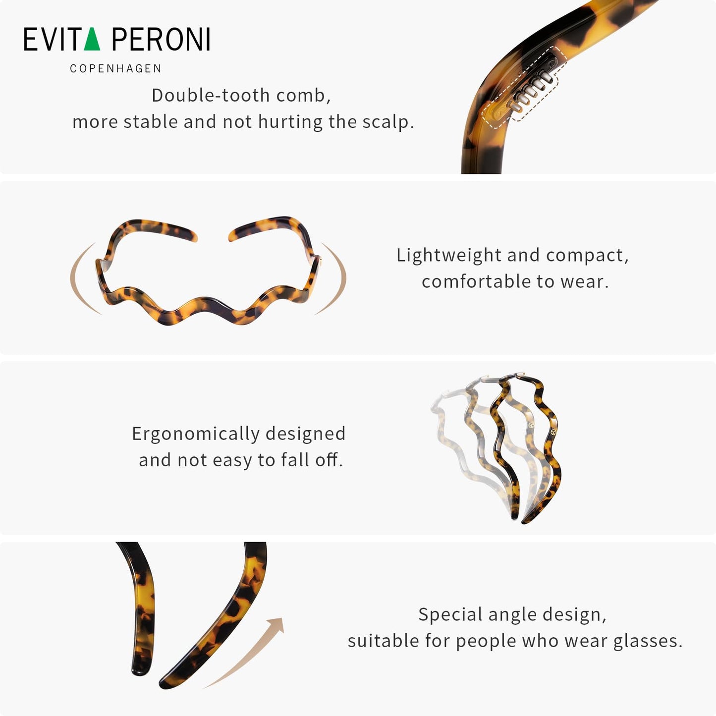 EVITA PERONI Wavy Women Headbands Eyewear Friendly Thin No Headache Tortoise