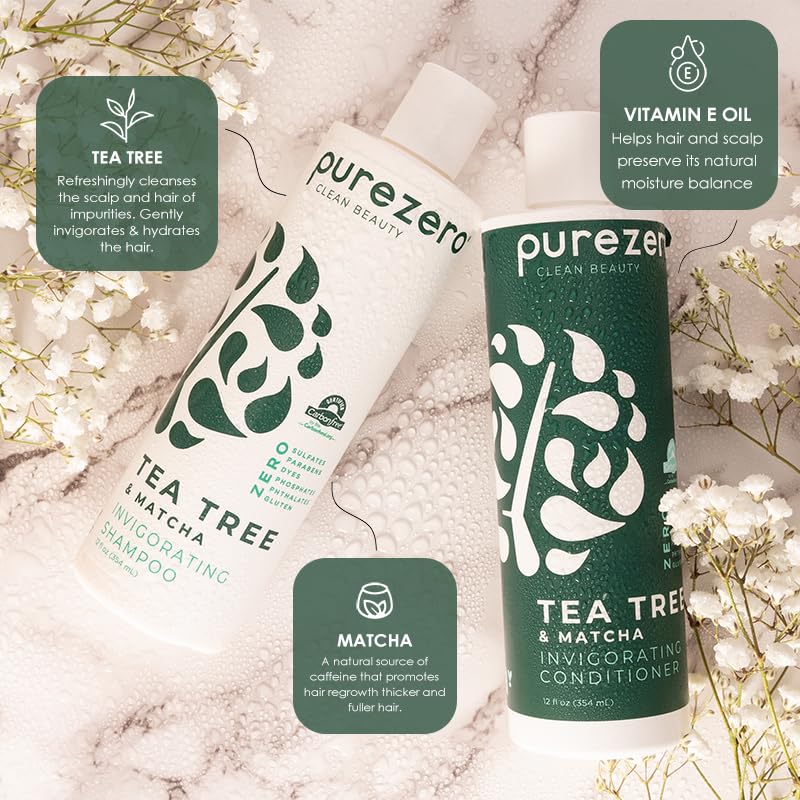 Tea Tree & Matcha Shampoo and Conditioner Set - Nourishing Scalp Treatment | Vegan, Sulfate-Free, 12 Fl Oz (Pack of 2)