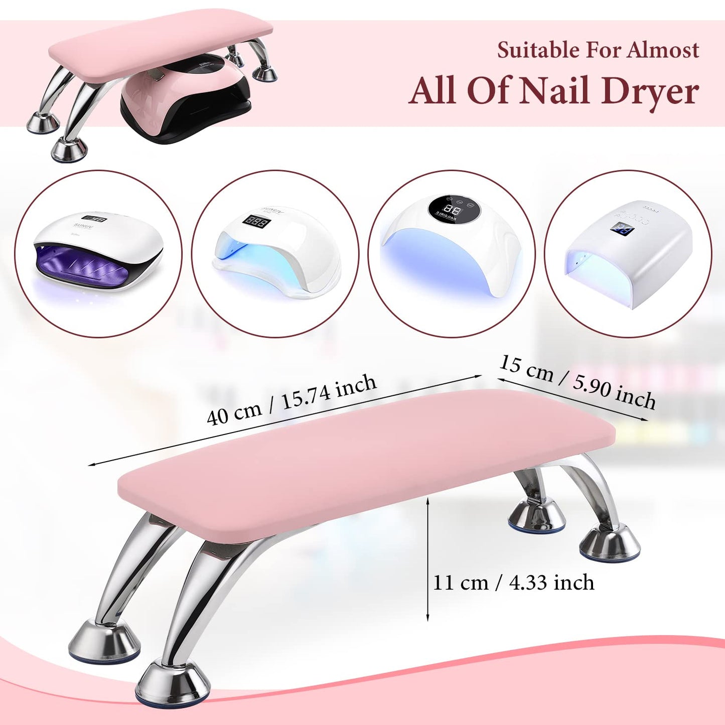 Noverlife Pink Nail Arm Rest, Microfiber Leather Manicure Hand Rest Cushion, Professional Non-Slip Foot Hand Arm Wrist Pillow Stand Hand Holder for Toe & Fingernails Nail Tech Use - Pink