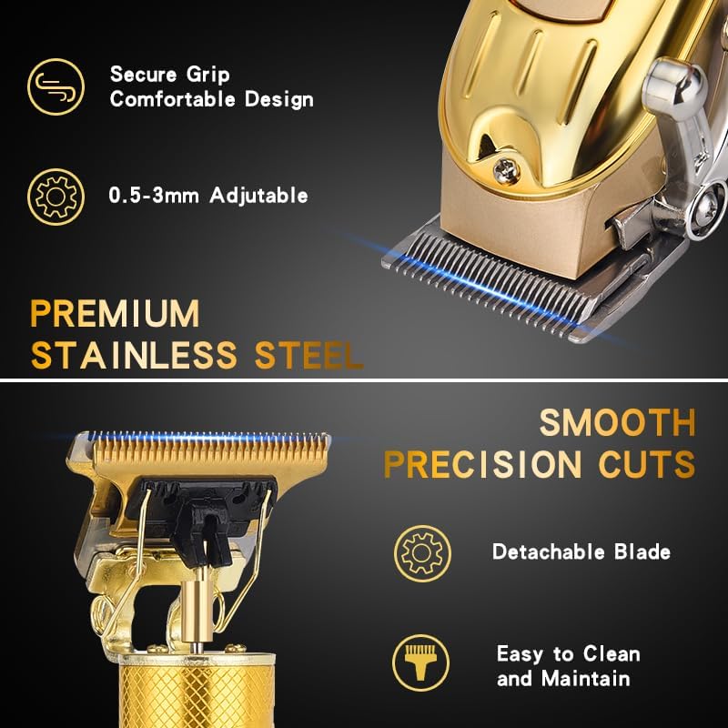 Professional Hair Clipper Set - Gold LED Display with Trimmer & 8 Guide Combs | Travel Case Included