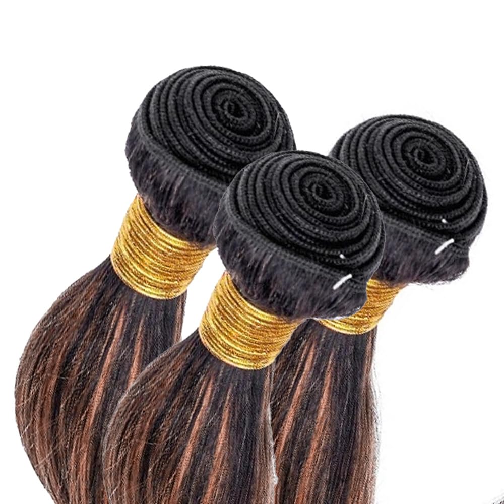 Ombre #30 Human Hair Bundles - Highlight Piano Color, Straight Weave | Black & Light Brown Mix, 14/16/18 Inch Double Weft