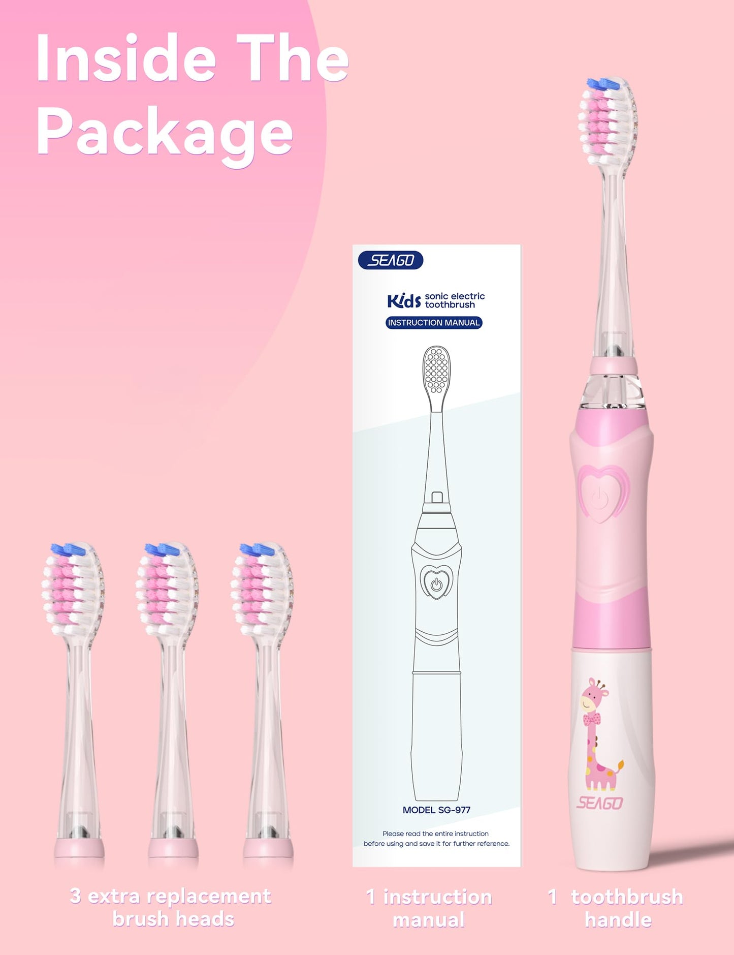 SEAGO Kids Electric Toothbrush, Timer, LED Light, AAA-Powered, 4 Heads