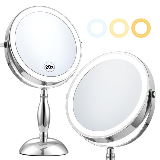 DASLAVA 20x Magnifying Mirror with Light, 3 Color Modes and Adjustable Brightness with Lighted Makeup Mirror, Side Charging Port & SideTouch Sensor, 360° Rotation Double Sided Brushed Nickel