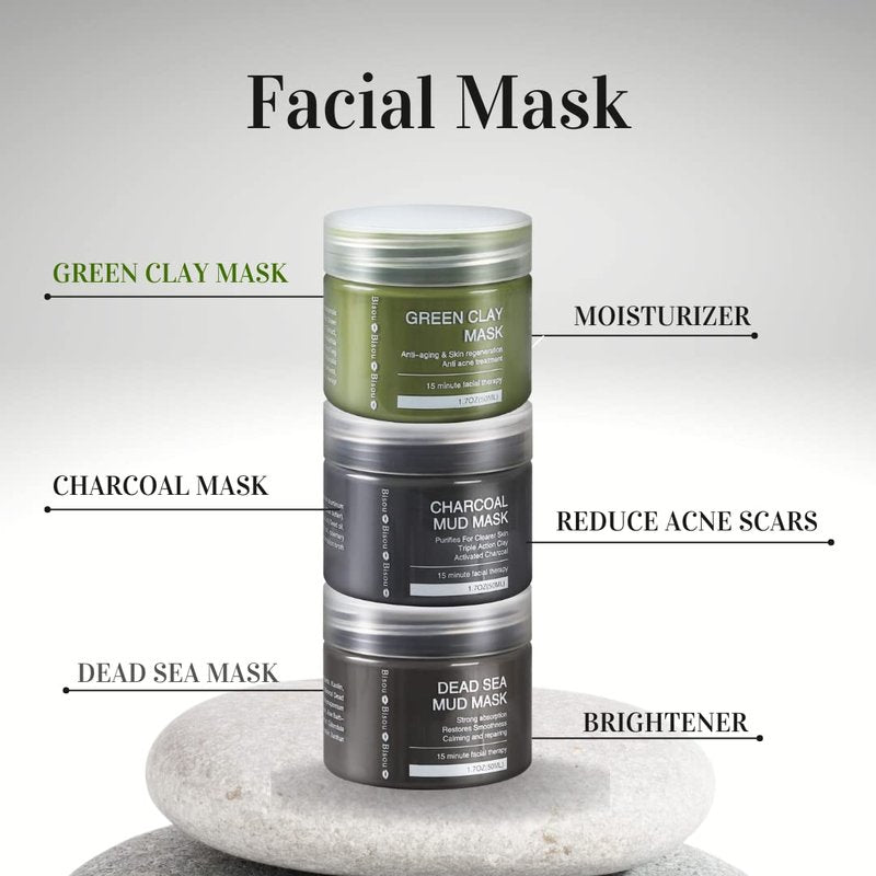 Bisou Bisou Bisou Clay, Dead Sea Mud & Charcoal Gel Face Mask Trio With Applicator, Deep cleansing Clay and Mask Applicator, Facial Therapy PH Balanced Hypo-allergenic