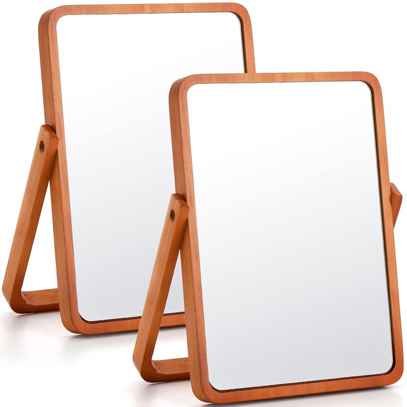 Vanity Mirror with Wood Stand - 360° Rotation Makeup Mirror | 10" Rectangle Portable Cosmetic Mirror in Pine