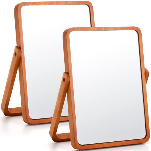 Vanity Mirror with Wood Stand - 360° Rotation Makeup Mirror | 10" Rectangle Portable Cosmetic Mirror in Pine