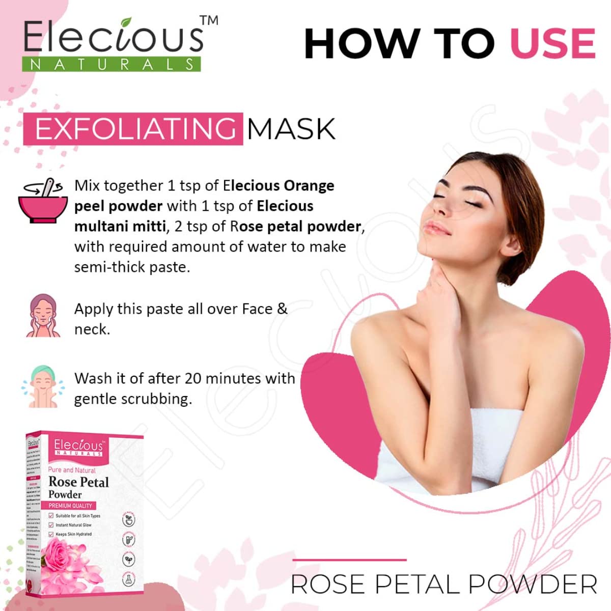 Elecious Pure Rose Petals Powder for Face, Skin and Hair Chemical-Free, Preservative Free, Non-GMO, No Artificial Color Added Moisturizes Dry Hair Cells 200gm