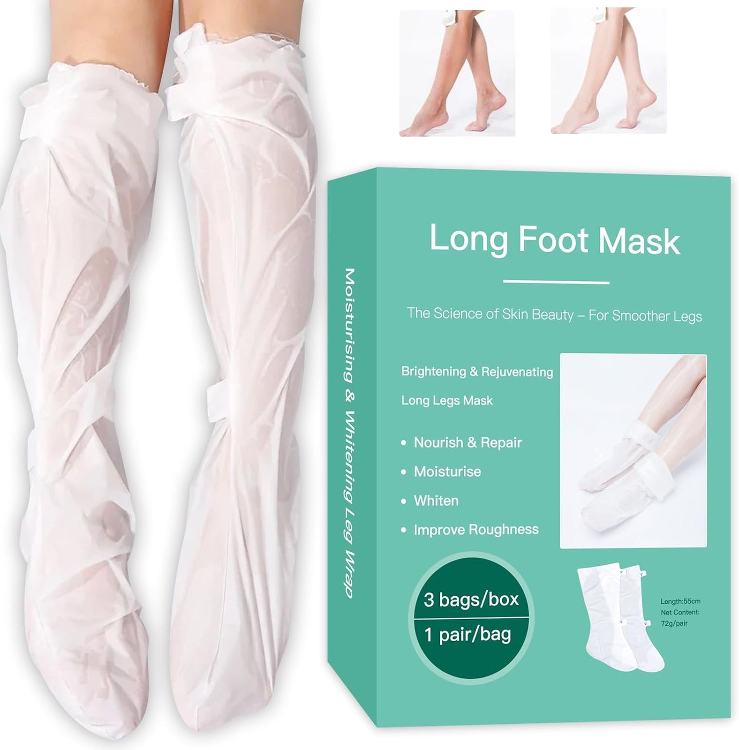 Hydrating Long Leg Feet Mask - 3 Pairs Moisturizing & Exfoliating Treatment for Soft Feet | Peeling Mask for Women