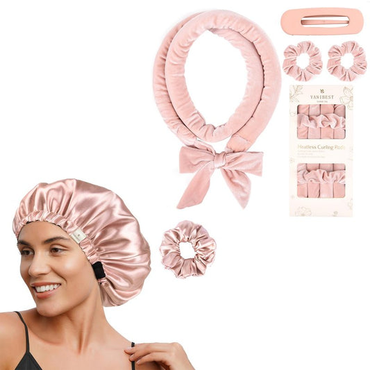 YANIBEST Heatless Curl Overnight Set with Hair Scrunchies Clip and Satin Bonnet