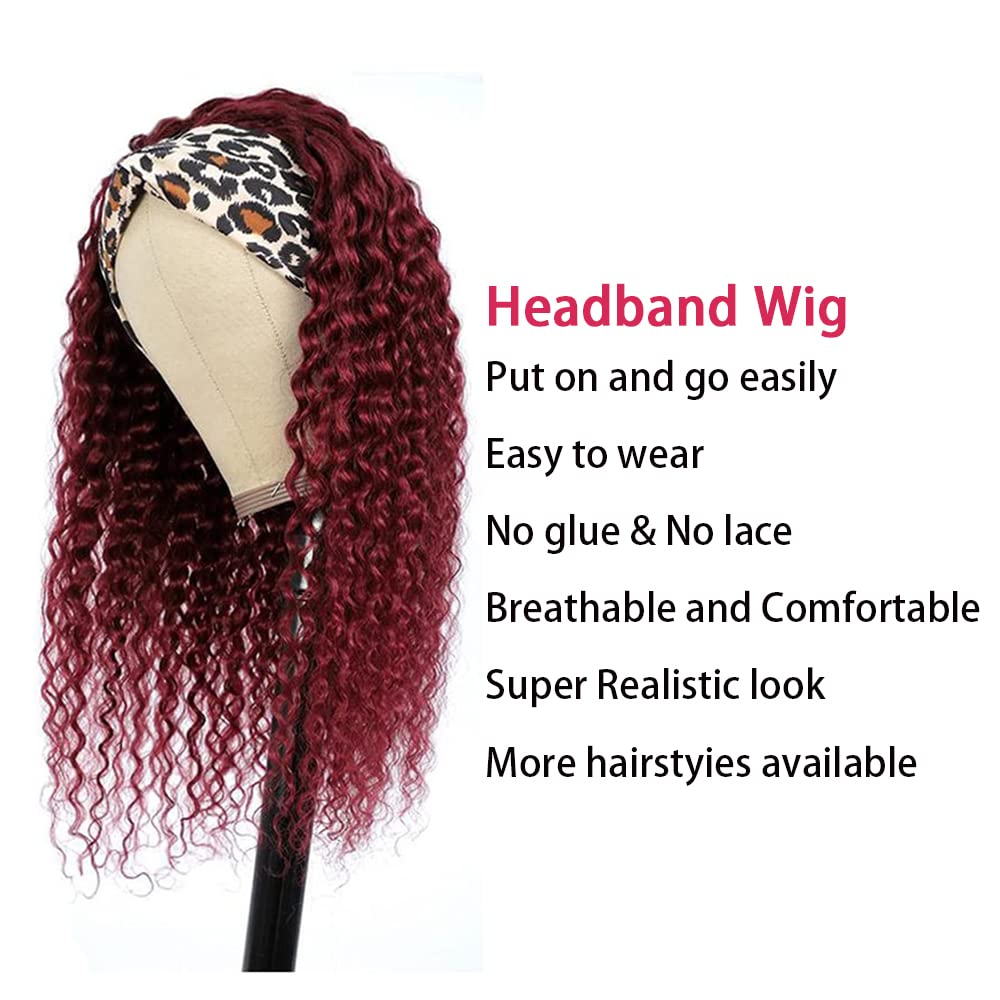 Ombre 1B99J Deep Wave Headband Wig Burgundy Human Hair Wig Dark Root 130% Density Brazilian Virgin Hair Machine Made Wigs for Women Wine Red Color 14 Inch