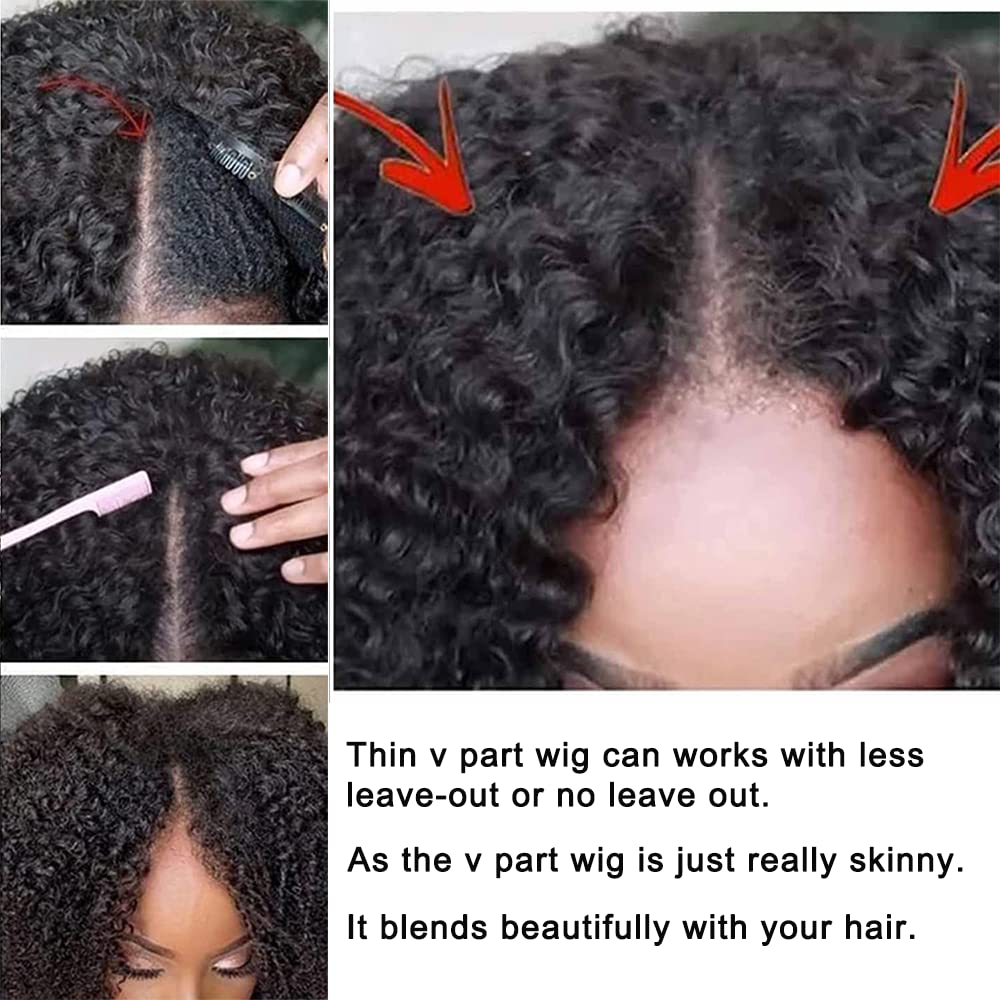 Amznlady Pixie Cut Wigs Curly V Part Wig Human Hair No Leave Out Brazilian Human Hair Half Wig for Black Women Upgrade U Part Wigs Glueless 180% Density Natural Black 8 Inch