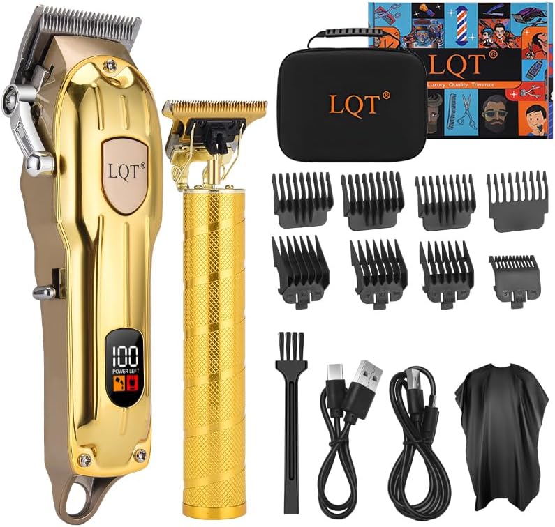 Professional Hair Clipper Set - Gold LED Display with Trimmer & 8 Guide Combs | Travel Case Included