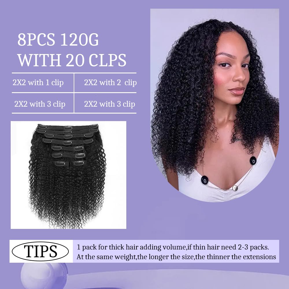 3C 4A Kinky Curly Clip in Hair Extensions Human Hair for Black Women - 8Pcs 18Clips Double Weft Brazilian Remy Human Hair Thick to Ends 120G/4.2oz Natural Black (12 inch)