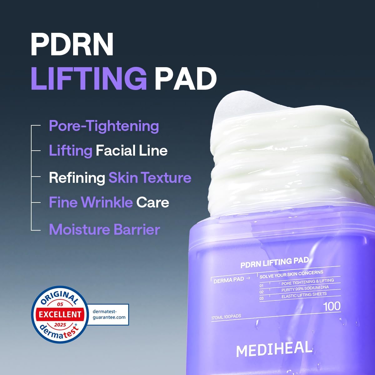 Mediheal Toner Pads - PDRN Stretchable Lifting Pads with Squalane & Glutathione | 100 Count, Vegan Rose Fabric for Wrinkle & Pore Care