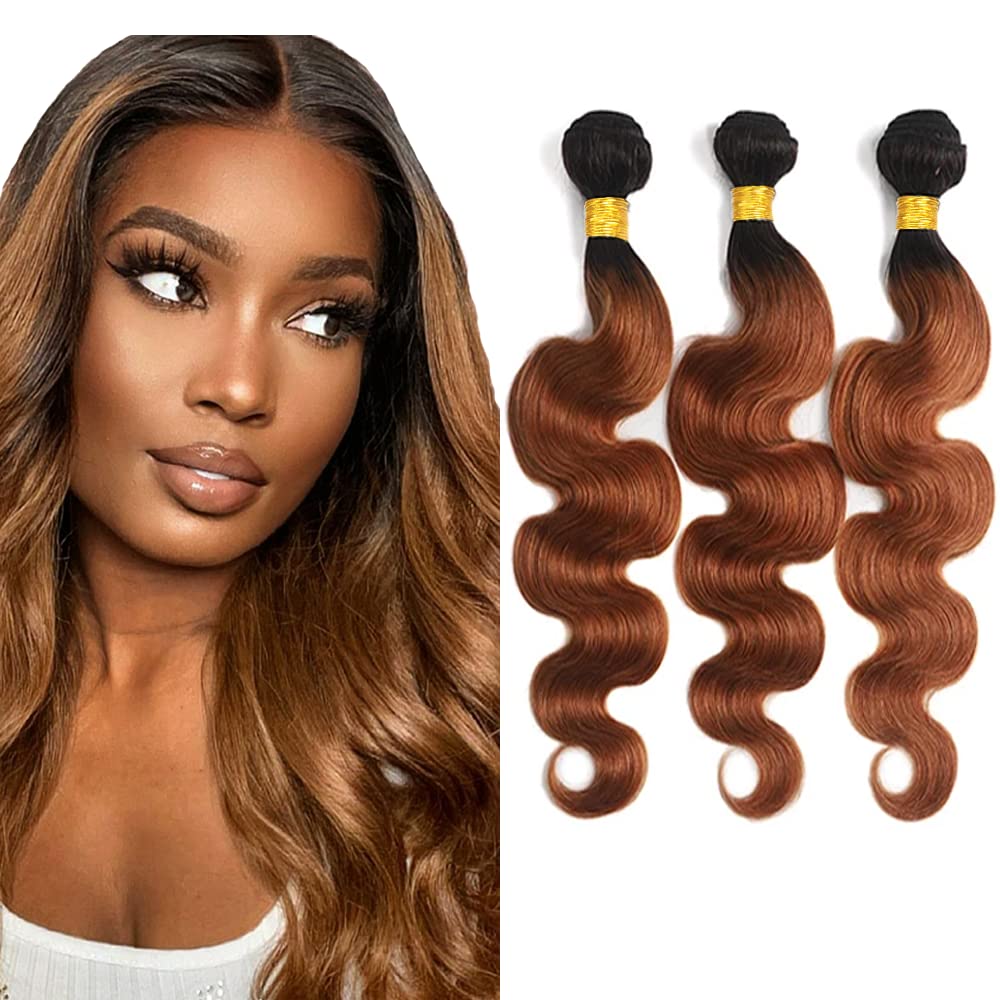 Ombre Body Wave Human Hair Bundles - Two Tone Black & Highlight Brown | 3 Bundles 8-10-12 Inch