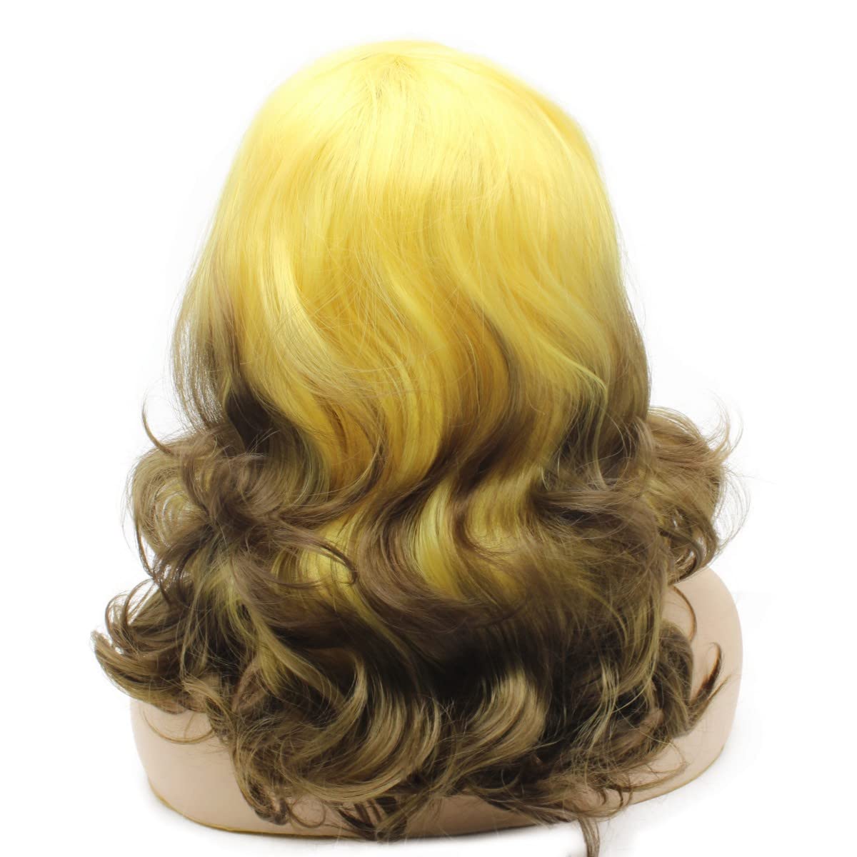 Peakia Shoulder Length Wavy Yellow Brown Ombre Half Hand Tied Lace Front Wig Synthetic