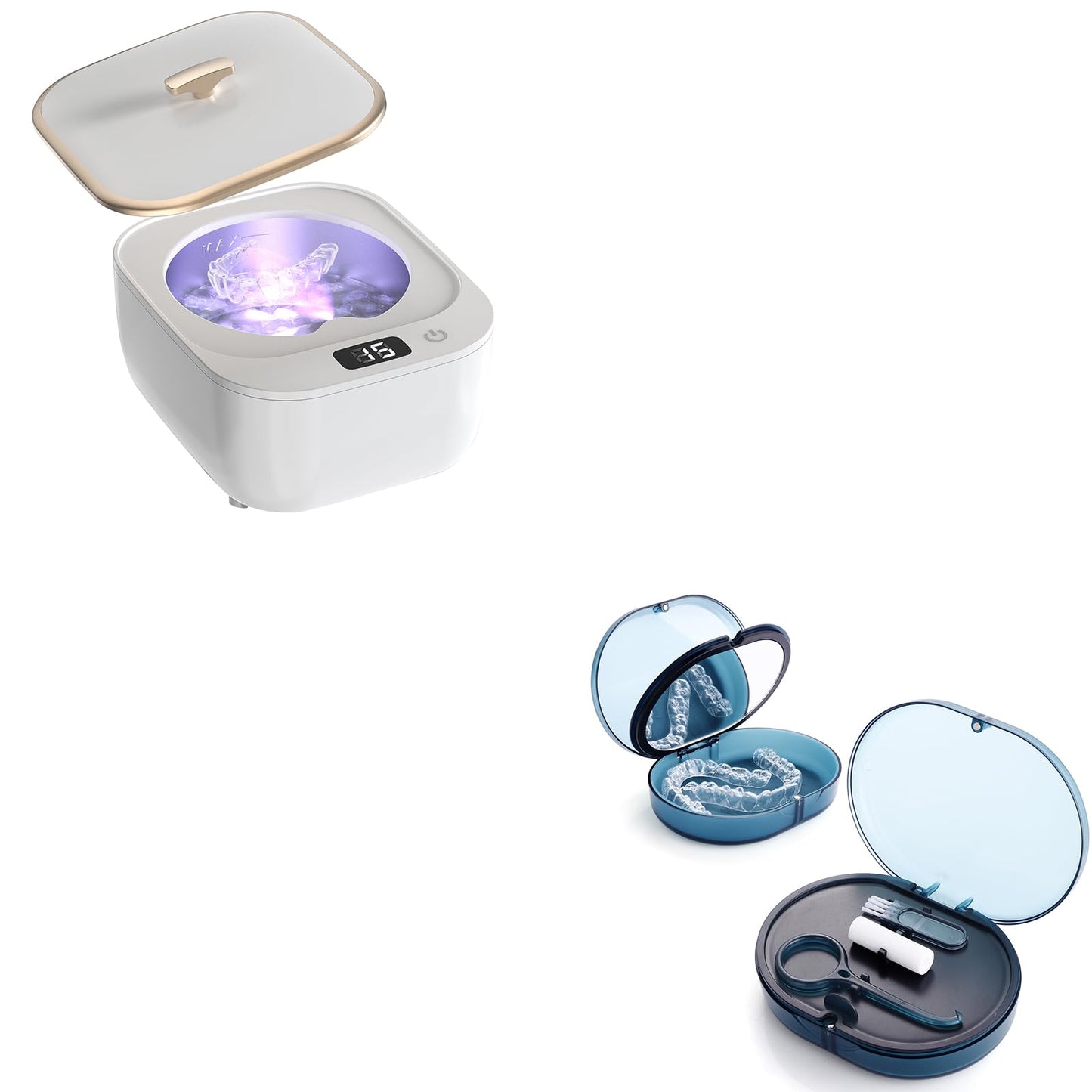 LONGMON Ultrasonic Retainer Cleaner and Retainer Storage Case Bundled Set Contains Ultrasonic Retainer Cleaner Machine and Double Layer Retainer Case