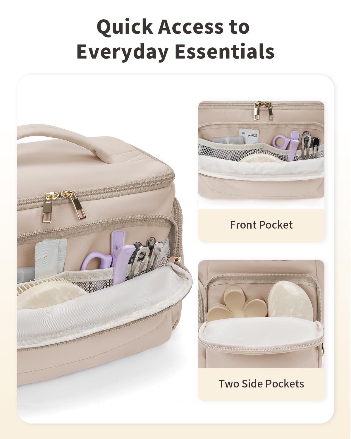 WANDF Travel Toiletry Bag for Women, Wide-open Large Makeup Bag with Handle, Puffy Makeup Organizer for Toiletries, Cosmetics, Accessories, Essentials (Light Khaki)