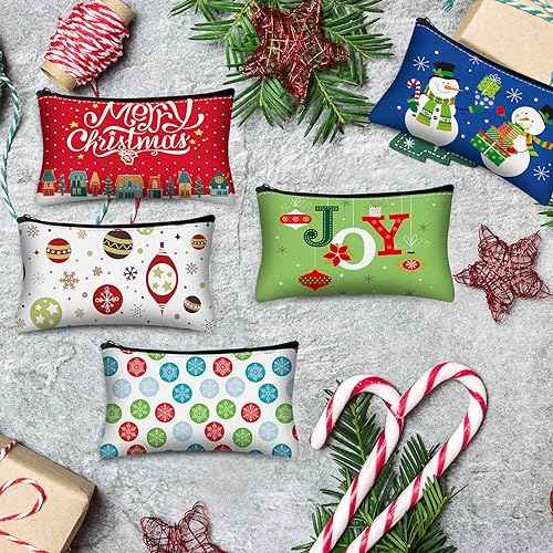 Paterr 24 Pcs 12 Sets Christmas Makeup Bags and 12 Pcs Christmas Keychains Set Snowman Canvas Gift Wallet for Women Holiday Portable Pouch Xmas Keychain for Party Xmas Gift