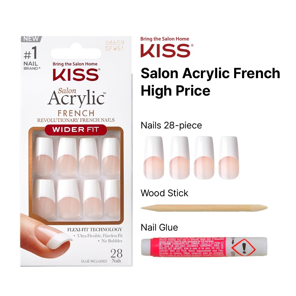 KISS Acrylic French False Nails Kit, Long Coffin Wide Fit Design Nail, Classic White Color French Tip Nails, Ready to Wear Gel & Manicure Stick Included, Long-Lasting Convenient & Easy to Apply