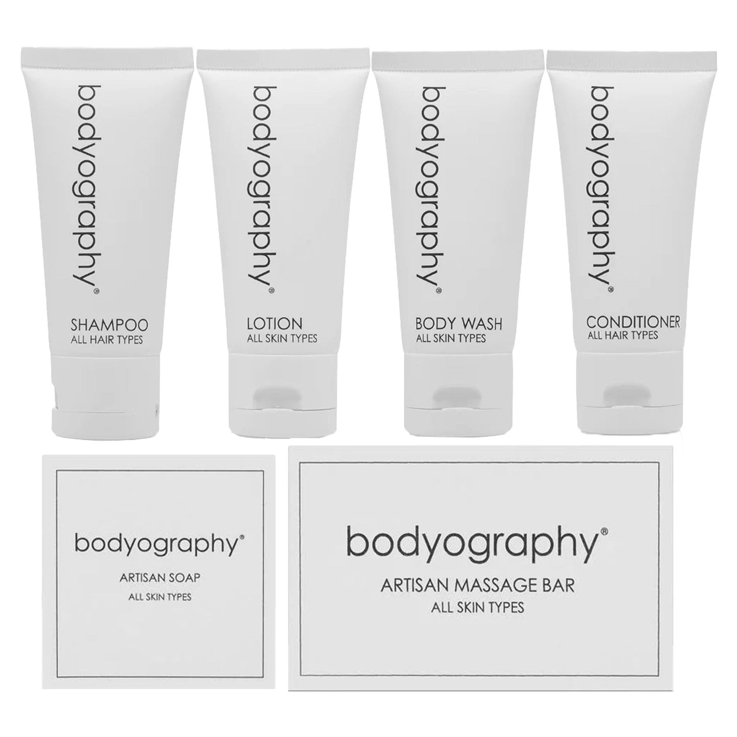 World Amenities - Bodyography Blanc Mini Travel Size Toiletries Bathroom Kit | Vanilla White Tea| Shampoo, Conditioner, Body Wash, Lotion, Artisan Soap and Massage Bar