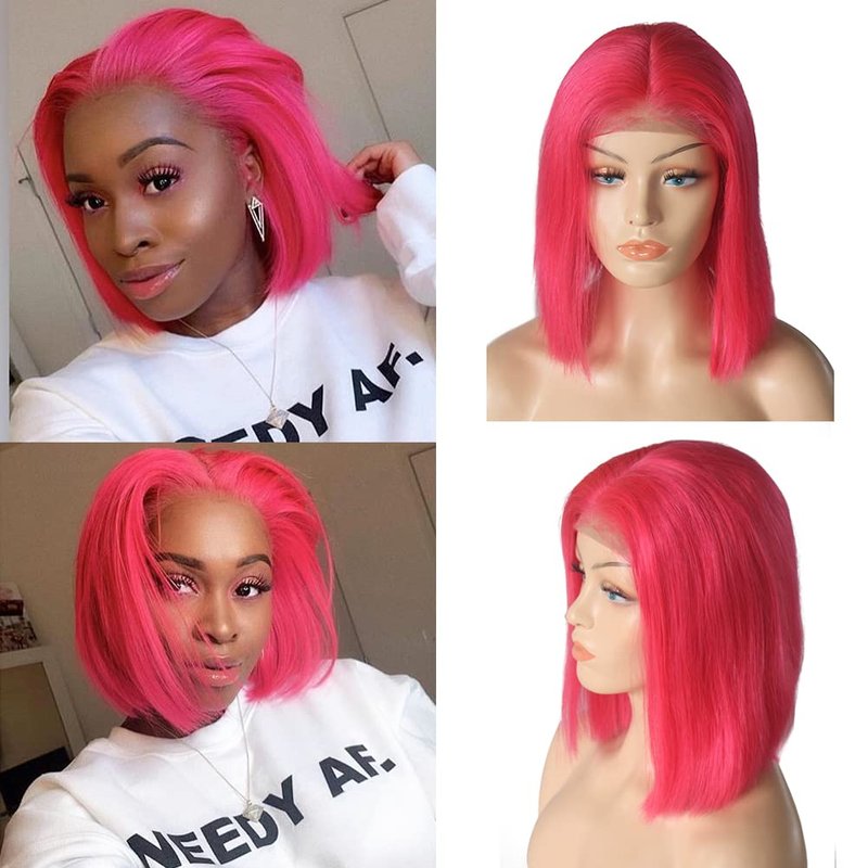 Hot Pink Bob Wig - 8-Inch Straight Human Hair Lace Front | Pre-Plucked with Baby Hair for Black Women
