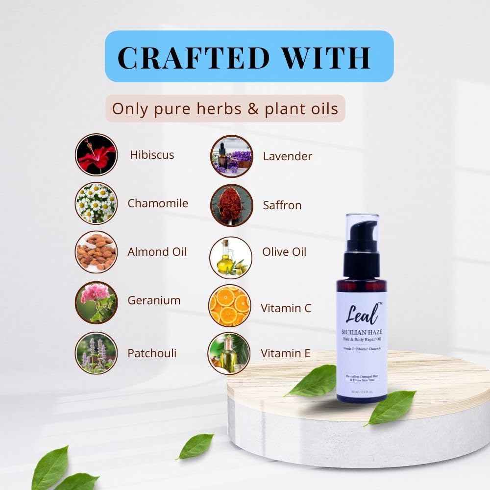 Leal Hair & Dry Body Oil, Brightening Glow Oil, Hibiscus Hair Oil, After Shower Body Oil Scented & Hair Serum, Natural Plant Oils Skin Pigmentation, After Shave Dry Oil, Sicilian Olive Oil- 60ml