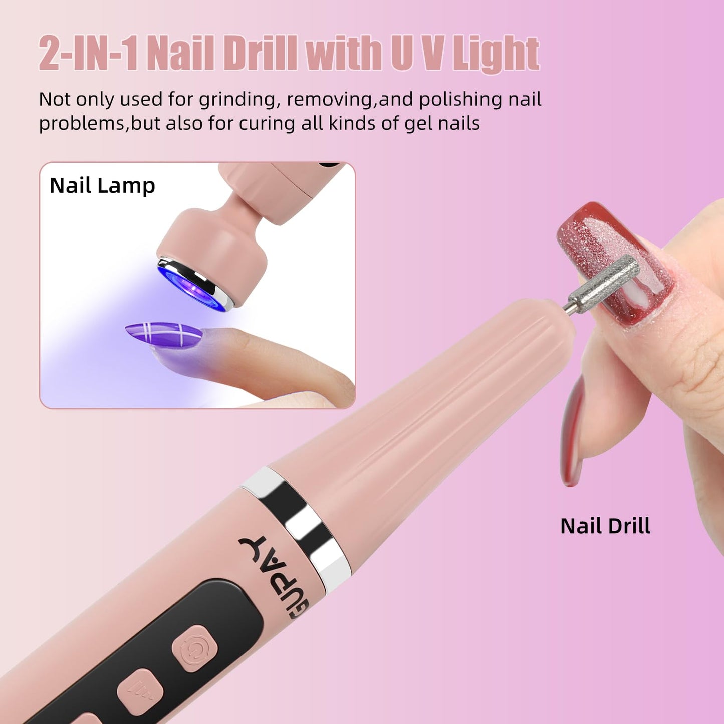 GUPAY Electric Nail Files, Cordless Rechargeable Nail Drill Machine for Natural Acrylic Gel Nails, Professional Portable Efile Manicure Pedicure Kit for Girl Women Mum Home Use Beginners