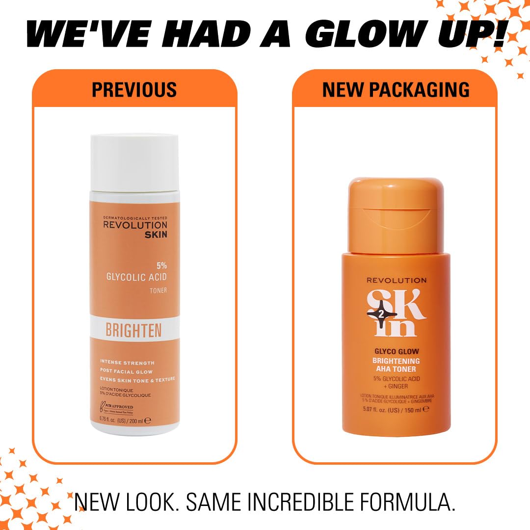 Revolution Skin, Glyco Glow 5% Glycolic Acid & Ginger Brightening AHA Face Toner, Helps Smooth Facial Complexion, Vegan & Cruelty-Free, 11.69 fl oz
