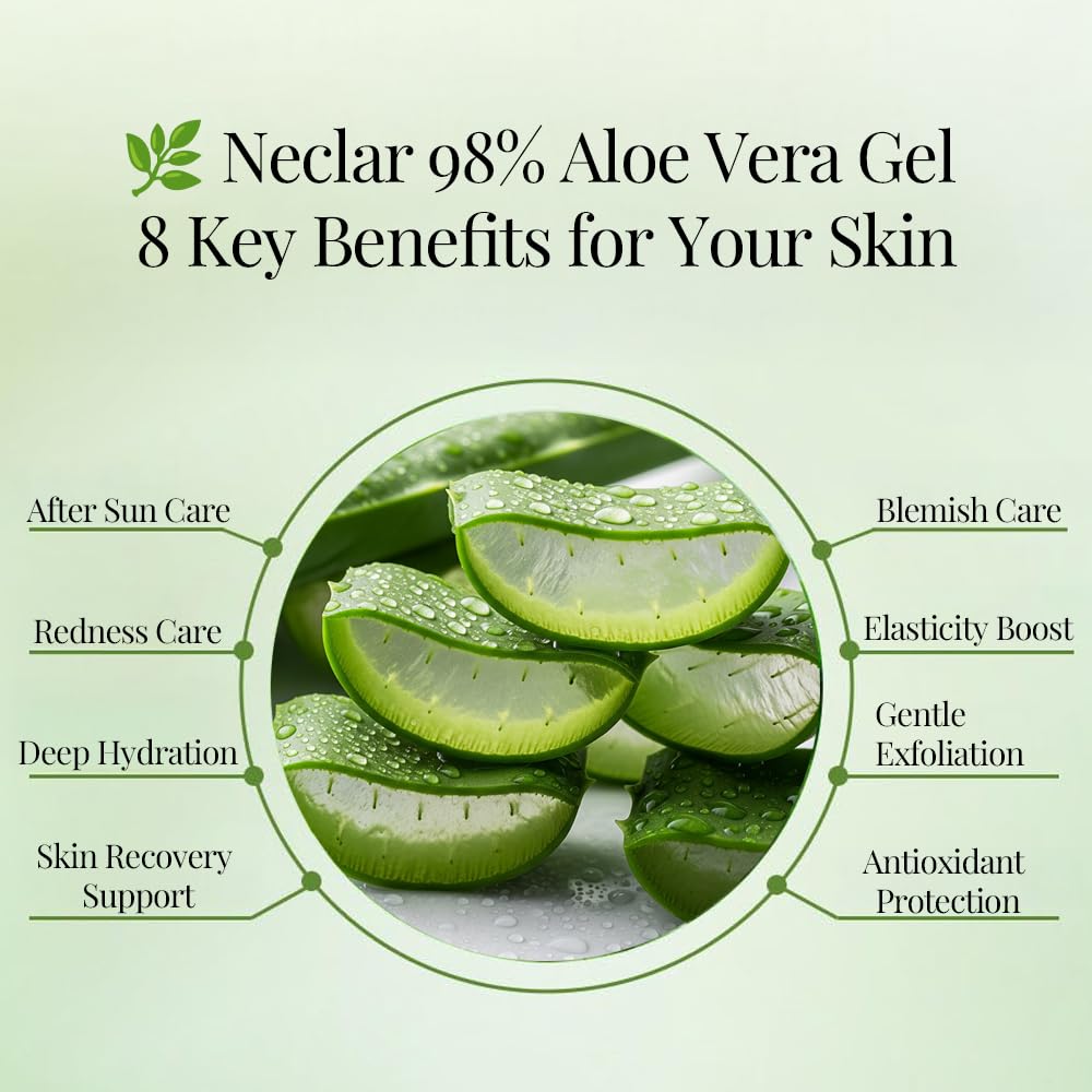 Neclar 98% Pure Aloe Vera Gel for Sunburn Relief - Big 33.8oz / 1000ml - Korean After Sun Care lotion For Face, Skin and Hair - Sun Burn Moisturizer Cream (33.8 Fl oz)