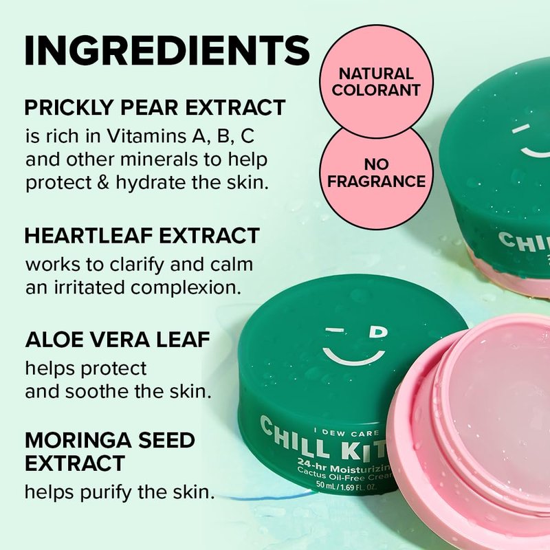 I DEW CARE Heartleaf Face Cream - Chill Kitten | Moisturizer with Moringa Seed, Prickly Pear, Aloe Vera Gel, Cactus Oil-Free, Glass Skin Look, Daily Use, for Dry Skin, 1.69 FL Oz