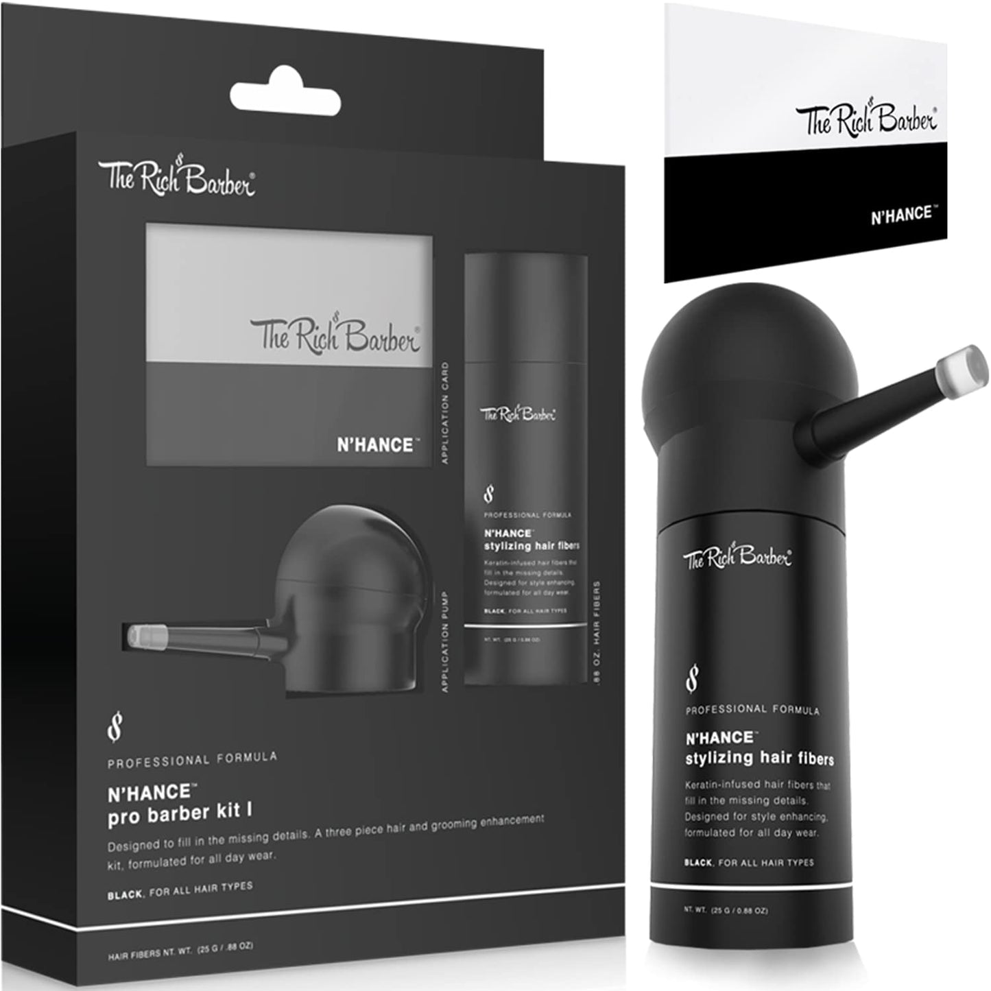 N'Hance Pro Barber Kit - 3-in-1 Hair & Beard Styling Set | Keratin-Infused Fibers, Applicator Pump, Hairline Enhancer
