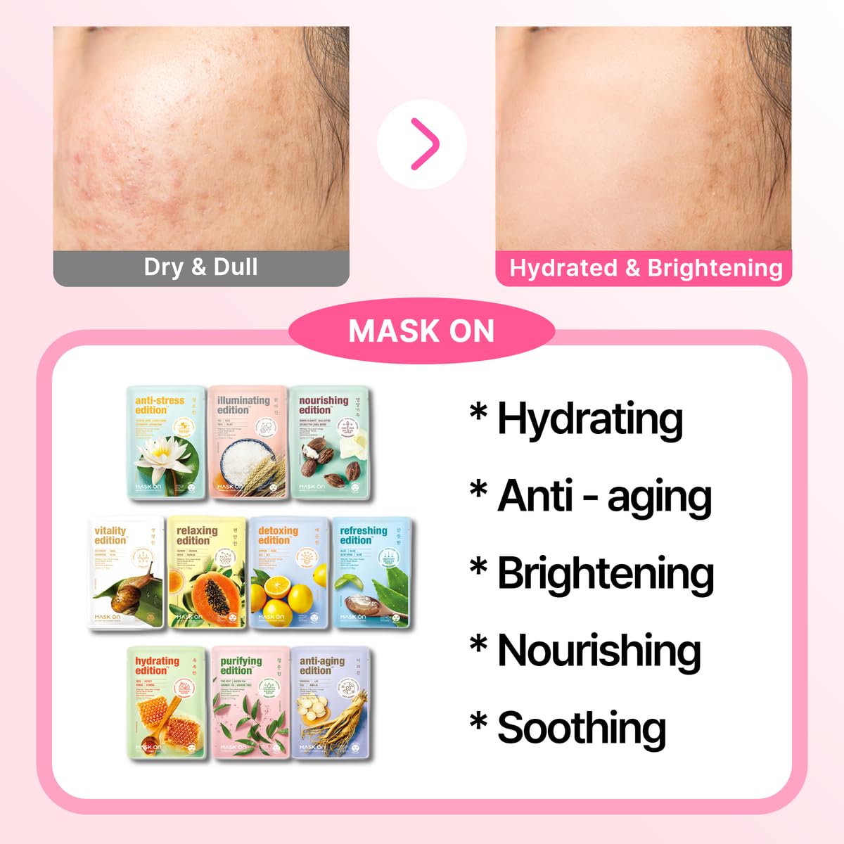Korean Moisturizing Face Masks - Hydrating Anti-Aging Skincare | 20 Pack for All Skin Types with 10 Natural Ingredients