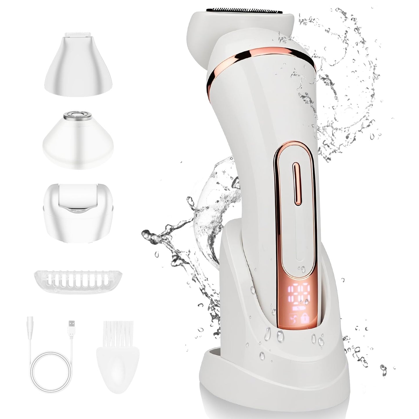 Electric Shavers for Women, 4 in 1 Hair Removal Kit with Epilator Bikini Trimmer Face Razor Body Brush Face Massager Foot Callus Remover, IPX7 Waterproof Lady Razors Set for Legs Armpit Bikini Pubic