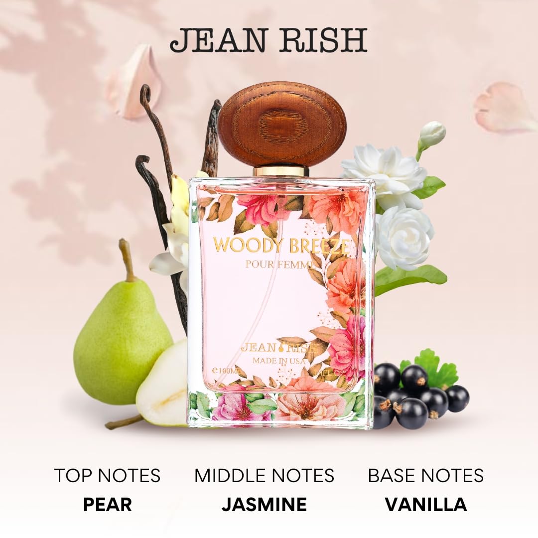Jean Rish Woody Breeze Perfume for Women Eau De Parfum, Long-Lasting Luxury Fragrance, Made In USA - Pear, Jasmine, Iris, Vanilla, Patchouli Scent - 100ml / 3.4 oz