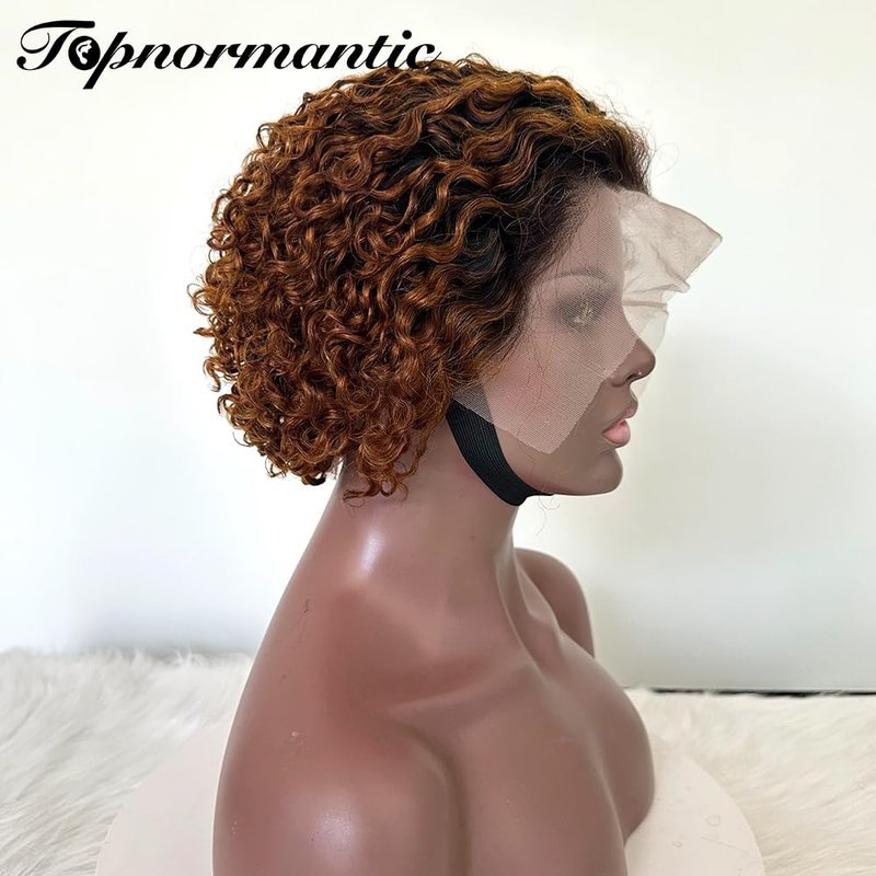 Topnormantic Pixie Cut Short Curly Wigs for Black Women Human Hair #1b/30 13x4 Transparent Glueless Lace Front Wigs Pre Plucked with Baby Hair Brazilian Virgin Hair Ombre Color Curly Bob Wigs 6 Inch