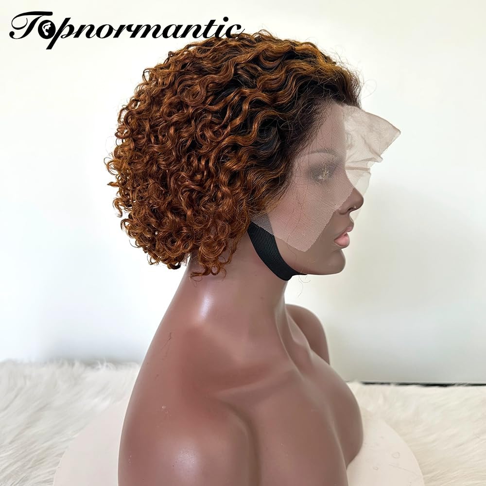 Topnormantic Pixie Cut Short Curly Wigs for Black Women Human Hair #1b/30 13x4 Transparent Glueless Lace Front Wigs Pre Plucked with Baby Hair Brazilian Virgin Hair Ombre Color Curly Bob Wigs 6 Inch