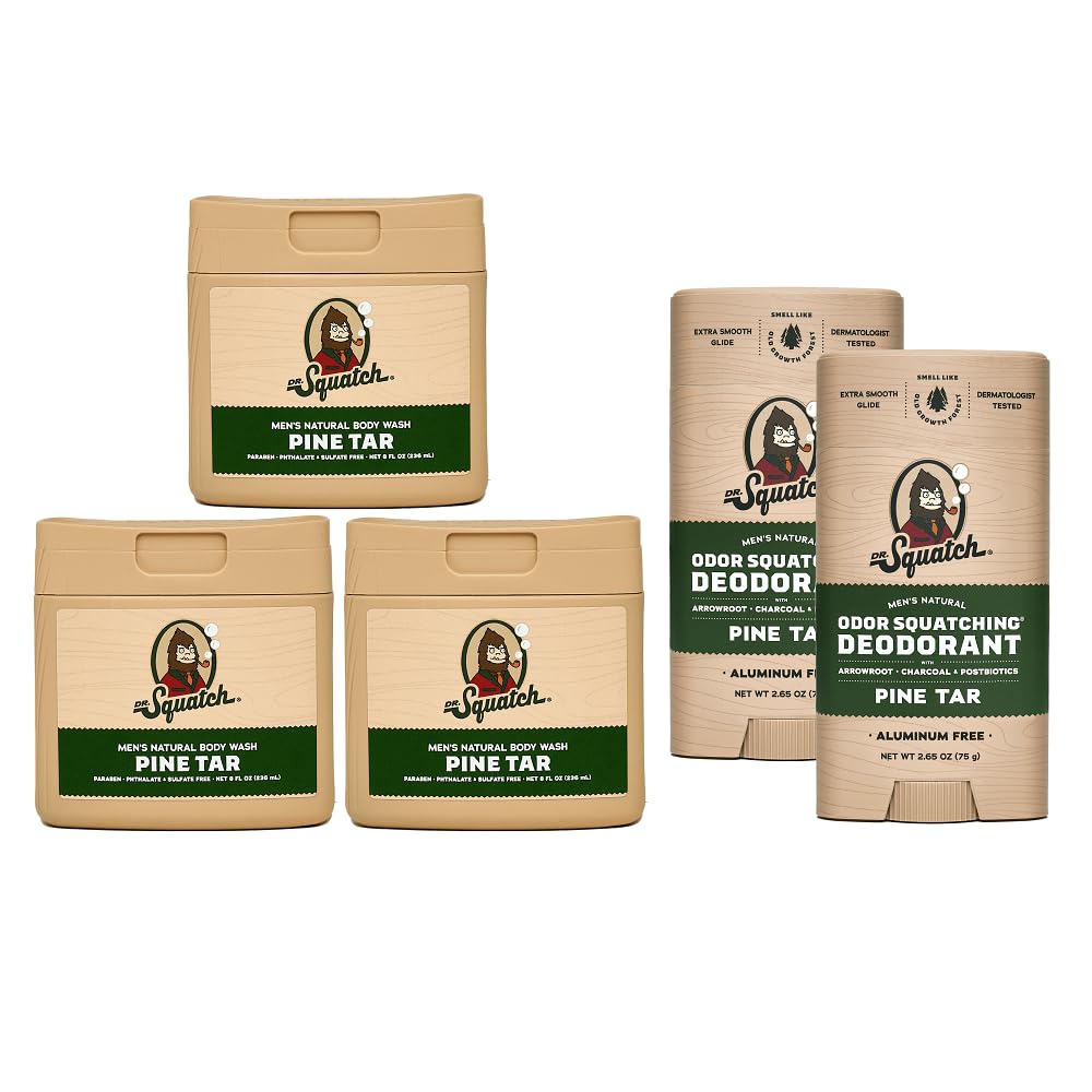 Dr. Squatch NEW Body Wash and Deodorant for Men Gift Set | No Paraben, Phthalate, Sulfate | Odor-Squatching, Aluminum-Free | Pine Tar Body Wash (8 oz, 3-Pack) & Deodorant (2.56 oz, 2-Pack)