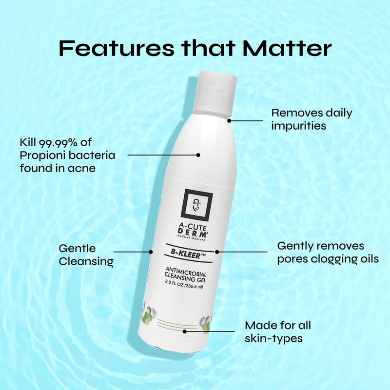 A-Cute Derm B-Kleer Cleansing Gel Acne Cleanser that Purify and Protect Your Skin from Clogged Pores for All Skin Types (8oz)