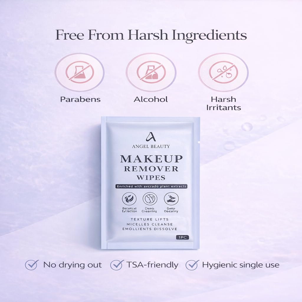 Angel Beauty Makeup Remover Wipes – 30 Individually Wrapped Micellar Face Wipes Singles – Daily Gentle Facial Cleanser with Aloe, Avocado & Vitamin C – Alcohol-Free, Paraben-Free, Travel-Friendly